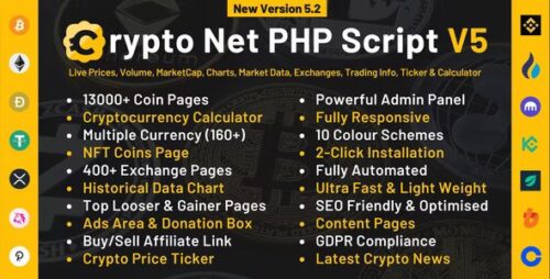 Crypto Net v5.5.1 – CoinMarketCap, Prices, Chart, Exchanges, Crypto Tracker, Calculator & Ticker PHP Script