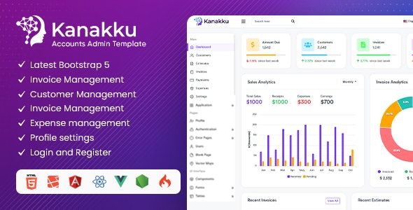 Kanakku – Invoice, Sales Accounting Admin Dashboard Template (HTML, React, Vue, Angular, Laravel)