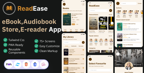 ReadEase - Ebook Store Reader App UI Kit (Tailwind CSS + PWA)