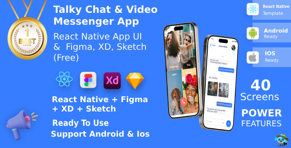 Chat Video Messenger App ANDROID + IOS + FIGMA + XD + Sketch | UI Kit | ReactNative | Talky Chat Video Messenger App ANDROID + IOS + FIGMA + XD + Sketch | UI Kit | ReactNative | Talky