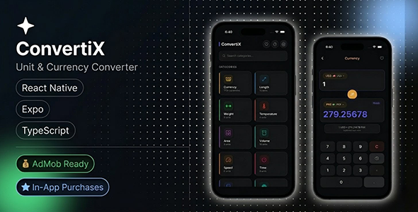 ConvertiX - React Native Expo Unit Currency Converter | iOS Android | i18n | AdMob | TypeScript ConvertiX - React Native Expo Unit Currency Converter | iOS Android | i18n | AdMob | TypeScript