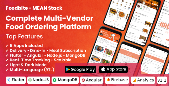 FoodBite Multi Restaurant - Food Delivery App with NodeJS, MongoDB Angular Flutter