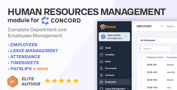 Human Resources Management for Concord CRM - HRM, Employees, Payroll, Leave, Attendance Timesheets Human Resources Management for Concord CRM - HRM, Employees, Payroll, Leave, Attendance Timesheets