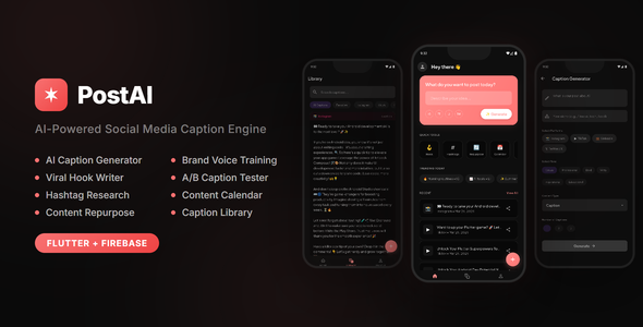 PostAI - AI Social Media Caption Generator Content Creator Flutter App (Android iOS) PostAI - AI Social Media Caption Generator Content Creator Flutter App (Android iOS)