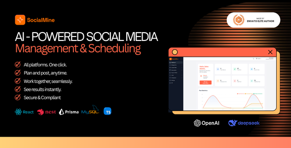 SocialMine - AI-Powered Social Media Management Scheduling SaaS | React + Nest.js Script