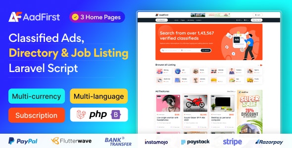 Aadfirst - Classified Ads, Directory Job Listing Laravel Script