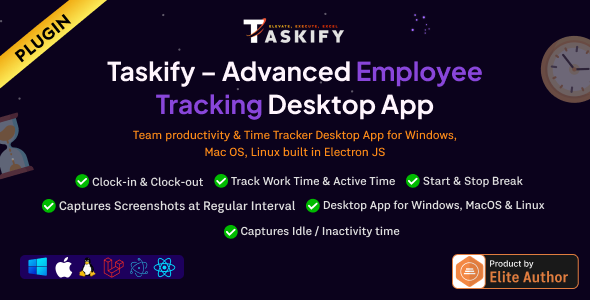Employee Monitoring - Work, Active, Idle, Break Time Screenshots - Desktop App Plugin for Taskify Employee Monitoring - Work, Active, Idle, Break Time Screenshots - Desktop App Plugin for Taskify